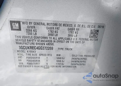 2016 Chevrolet Silverado 1500 2Lt z USA, uszkodzony, nr VIN 3GCUKREC4GG372269